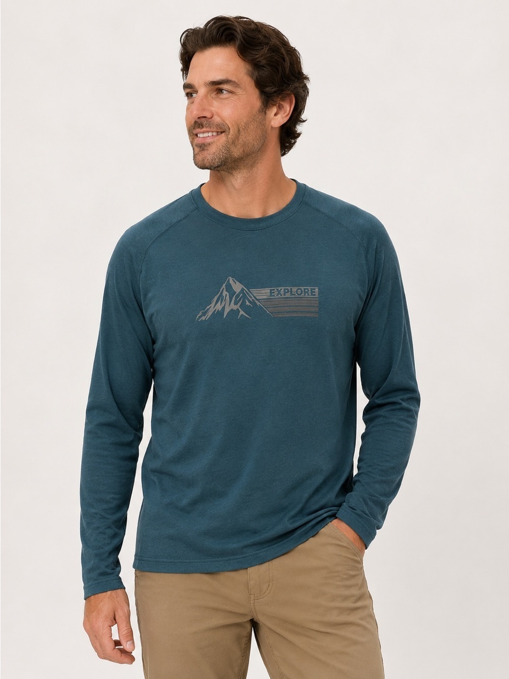 OUTDOOR LIVE Men’s Medium Explore Graphic Long Sleeve Tee Mountain Cotton Teal
